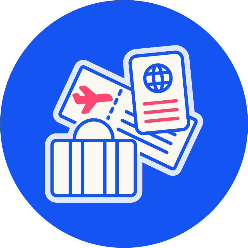 icono azul con vectores de una maleta un pasaje de avión y un pasaportes